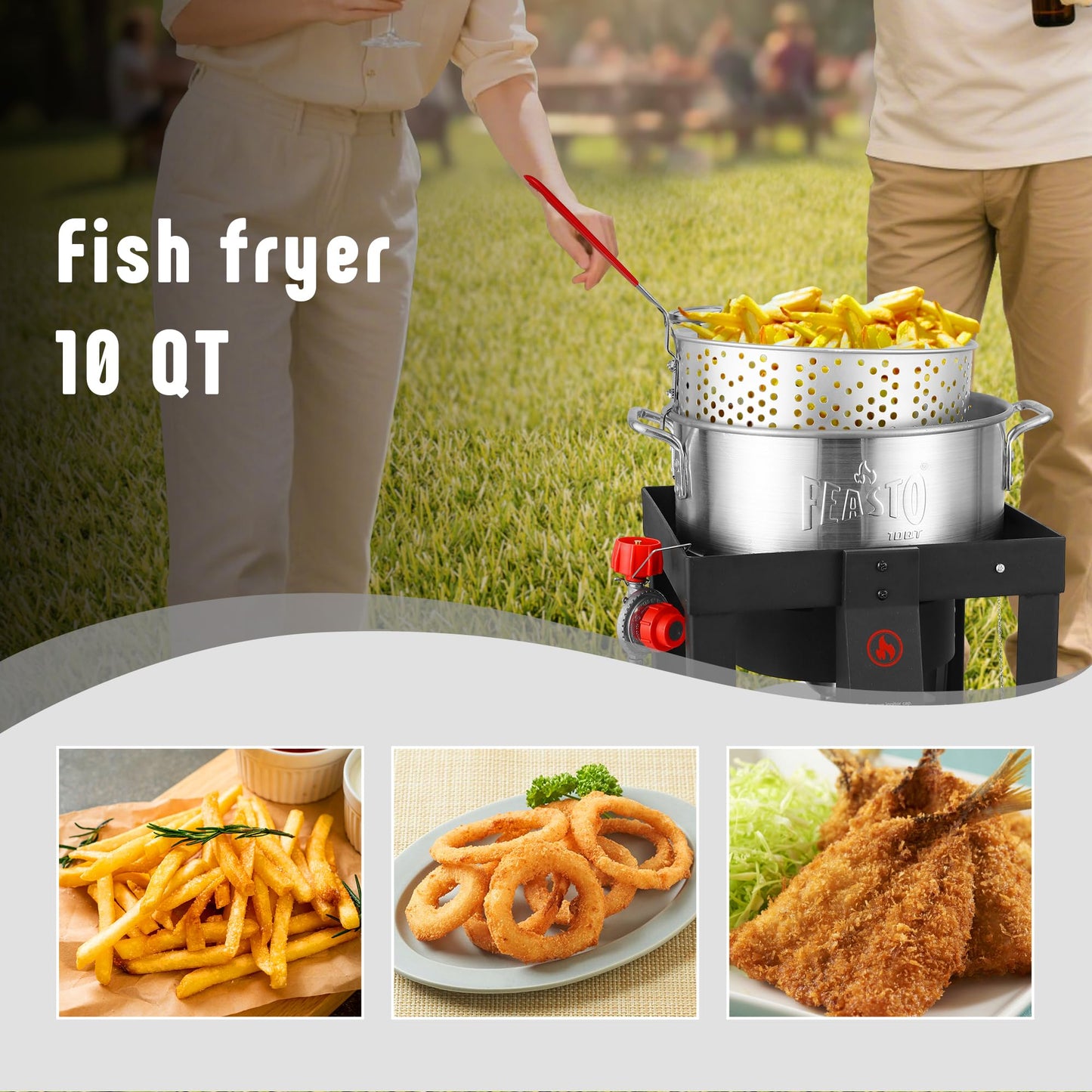 Feasto 10 Qt Outdoor Propane Gas Fish Fryer Pot Kit with Strainer Basket | Aluminum, 50,000 BTU Burner, Adjustable 0-5 PSI Regulator, Perfect for Boiling and Frying