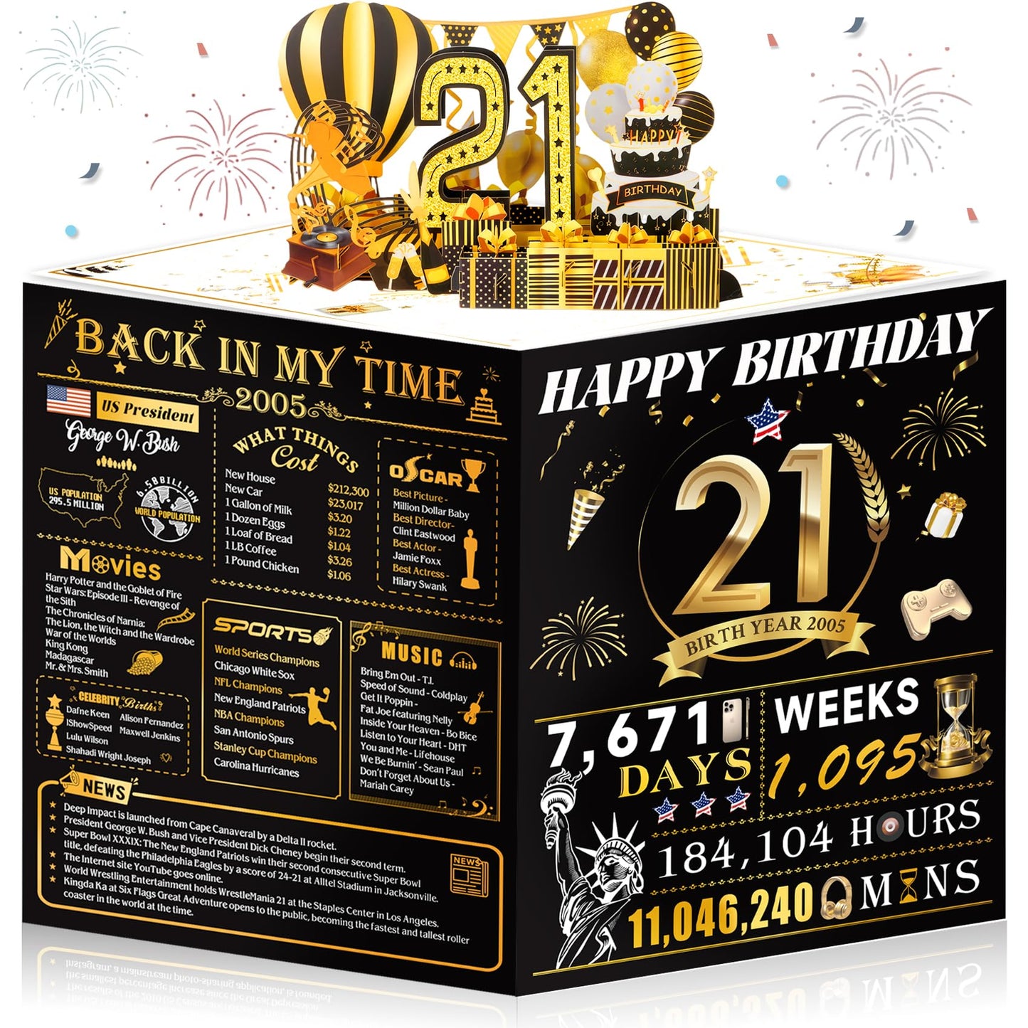 21st Birthday Card,3D Pop Up Funny 21st Birthday Decorations for Girls Granddaughter Sister,Happy 21 Year Old Birthday Gift for Daughter,Great 21Year Old Gifts Idea for Her,Jumbo Rose Glod In 2005