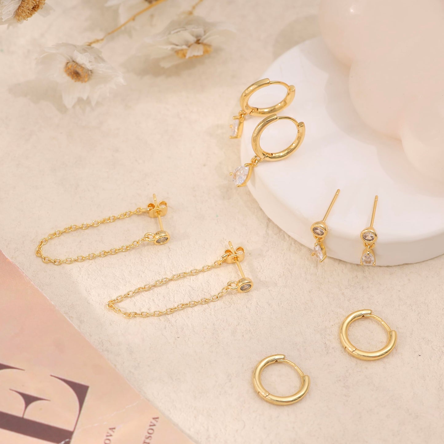 Gold Earrings For Women, Dainty Huggie Earrings Stack 14K Gold Plated Pearl Dangle Earrings for Women Trendy Cute Hypoallergenic Unique Gold Earring Stack Fashion Gold Jewelry Gifts