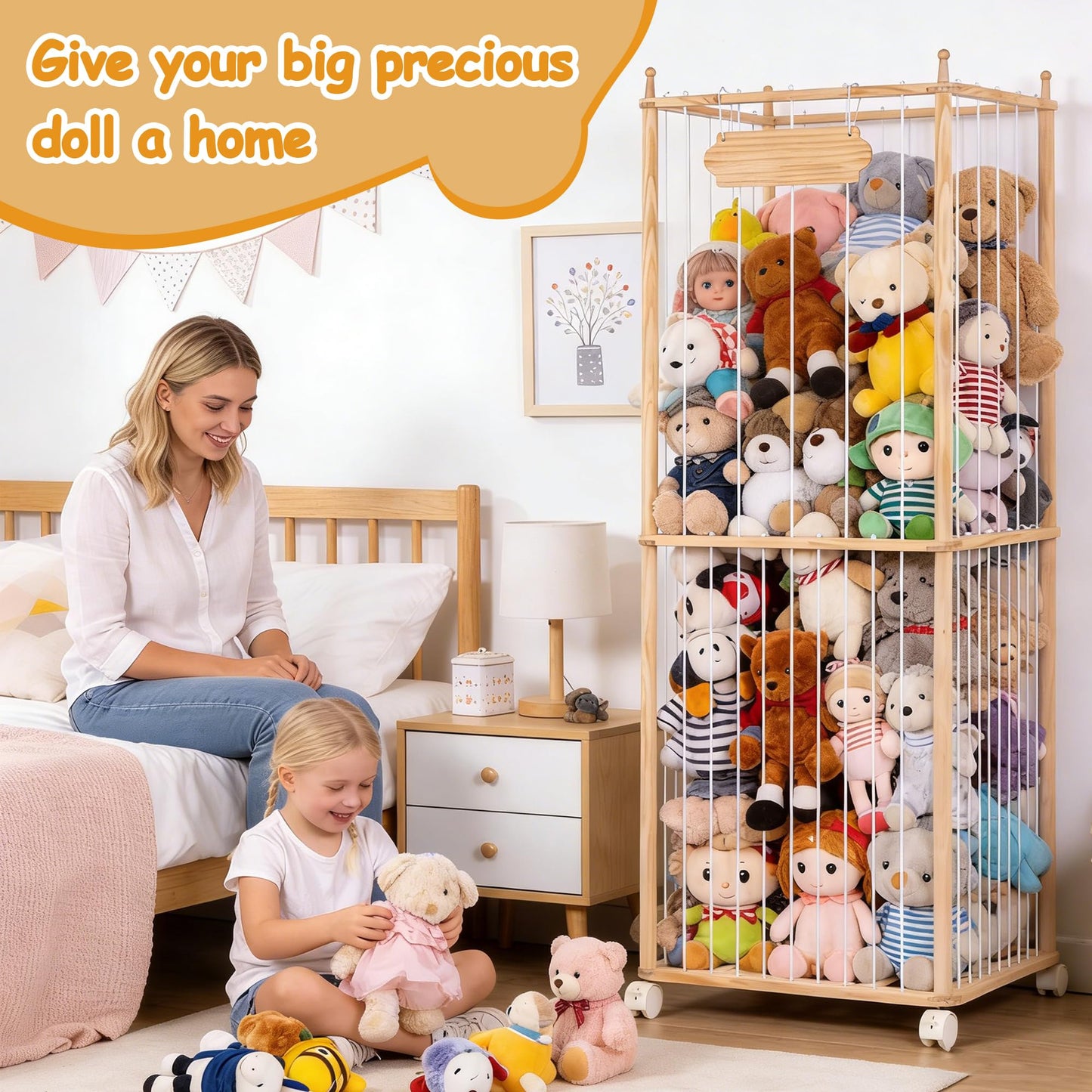 TANONE Stuffed Animal Storage - Wooden Large Organizer Holder for Playroom - Plush Zoo Animals Holder with Elastic Cords & Brake Wheel for Toddler Bedroom Toy Stuff Organization