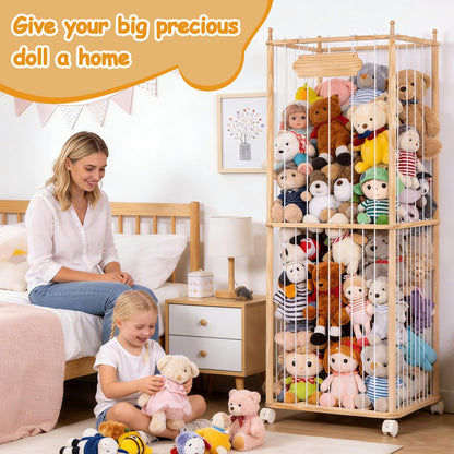 TANONE Stuffed Animal Storage - Wooden Large Organizer Holder for Playroom - Plush Zoo Animals Holder with Elastic Cords & Brake Wheel for Toddler Bedroom Toy Stuff Organization