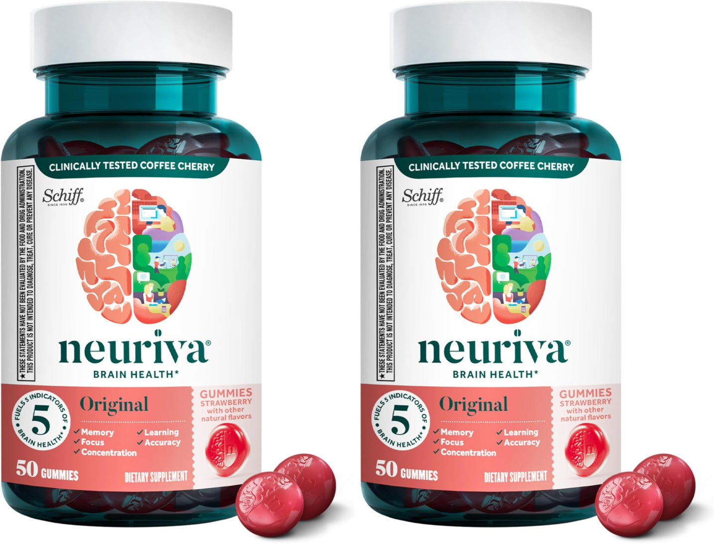 NEURIVA Plus Brain Supplements for Memory and Focus, Clinically Tested Nootropics Neurofactor and Phosphatidylserine with Vitamin B12, Vitamin B6, 50 Count Strawberry Gummies (Pack of 12)