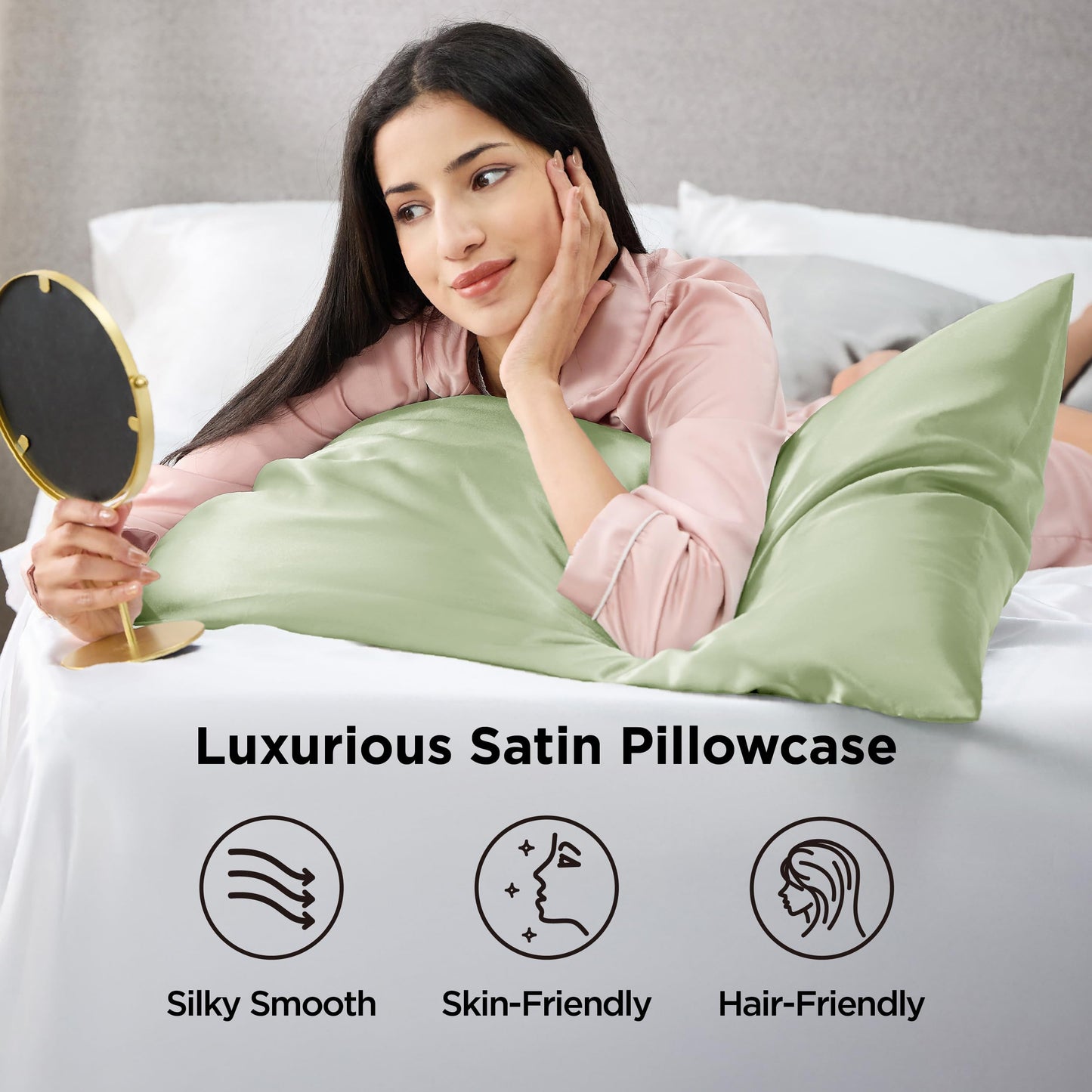 Bedsure Satin Pillow Case Queen Size 2 Pack, Similar to Silk Pillow Cases, Silky Pillowcase Covers for Hair and Skin with Envelope Closure, Gifts for Women Men, Grey, 20x30 Inches