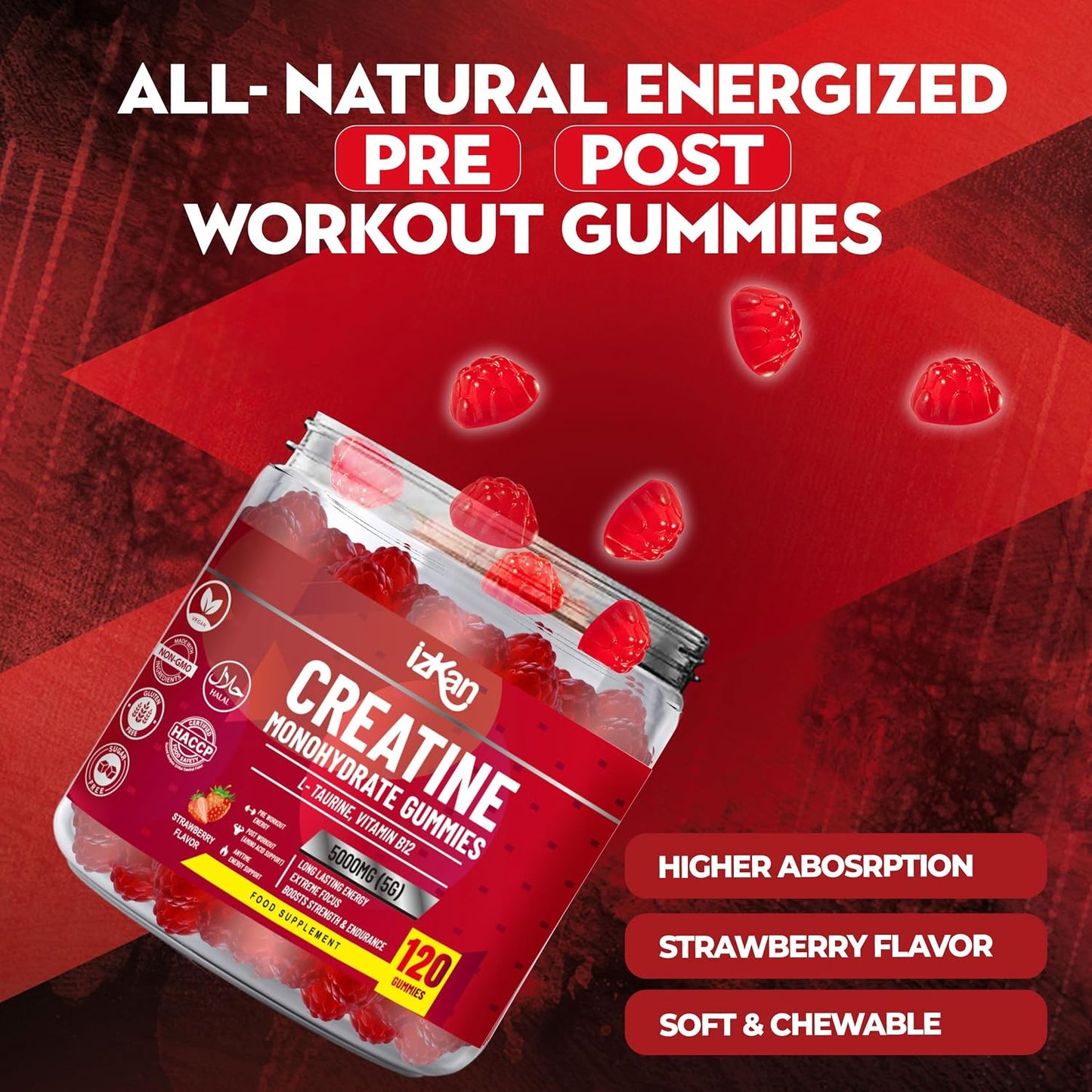 Pro Creatine Monohydrate Gummies 5g for Men & Women - 120 Chewable Creatine Gummies Strawberry Flavoured Gym Pre Workout Gym Supplement Vegan (2)