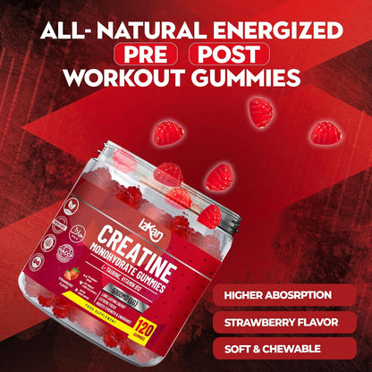 Pro Creatine Monohydrate Gummies 5g for Men & Women - 120 Chewable Creatine Gummies Strawberry Flavoured Gym Pre Workout Gym Supplement Vegan (2)