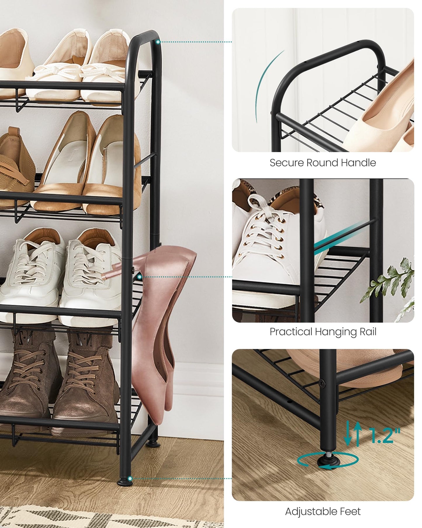 SONGMICS Stackable Shoe Rack, 4 Tier Metal Shoes Rack Storage Shelf, Holds up to 16 Pairs Shoes, Adjustable Slanted Shelves Tower Organizer for Closet Entryway Small Spaces, Bronze