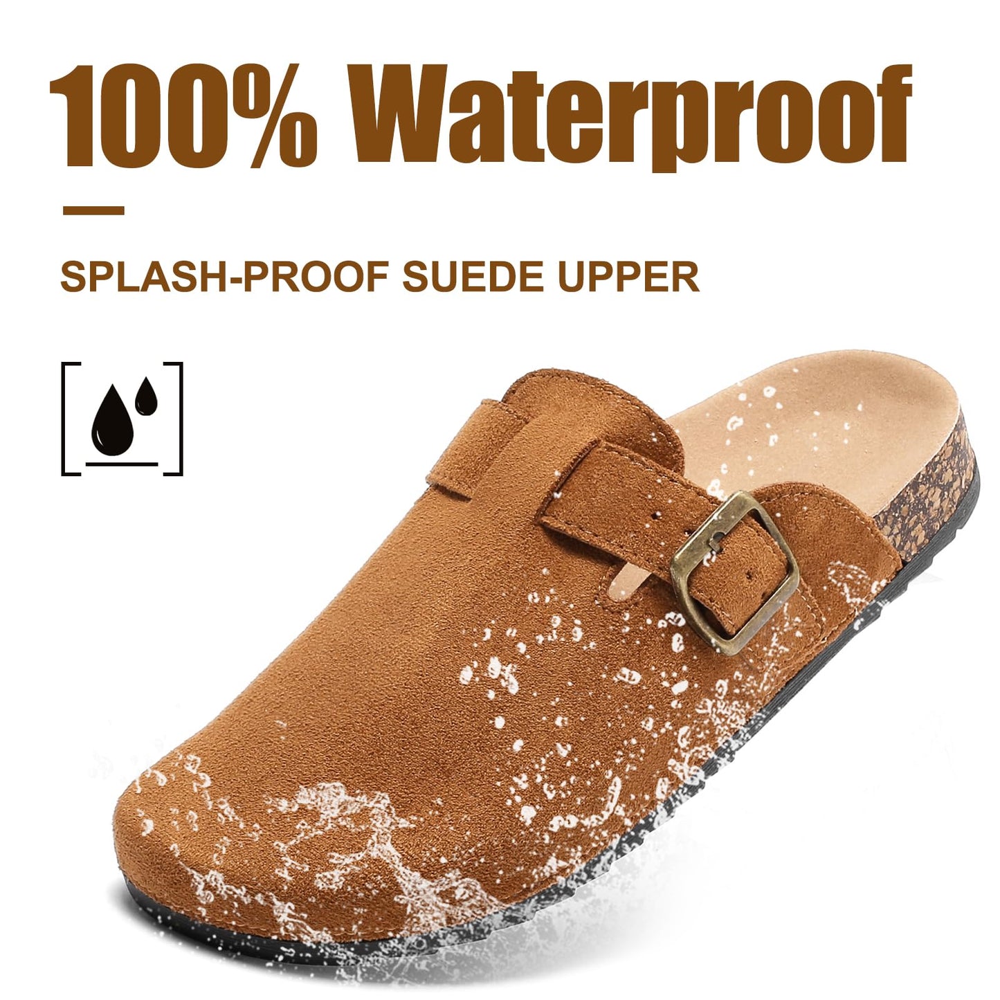 YorFotMae Women's Suede Clogs Mens Leather Mules Comfort Cork Footbed Antislip House Sandals Arch Support Potato Shoes with Adjustable Buckle