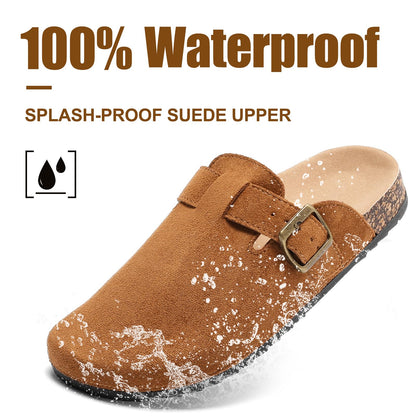 YorFotMae Women's Suede Clogs Mens Leather Mules Comfort Cork Footbed Antislip House Sandals Arch Support Potato Shoes with Adjustable Buckle