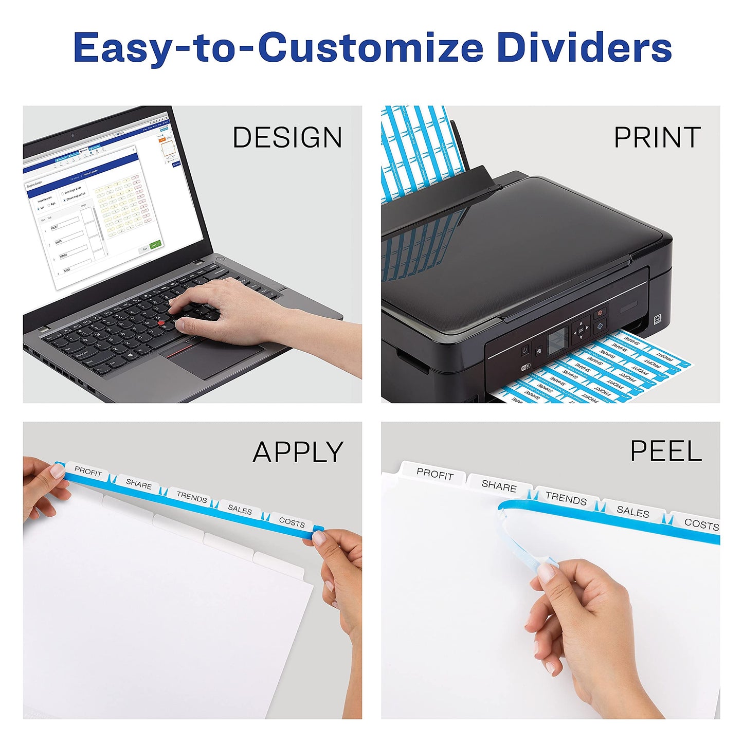 Avery 8 Tab Dividers for 3 Ring Binder, Easy Print & Apply Clear Label Strip, Index Maker Customizable Multicolor Tabs, 25 Sets (11424)