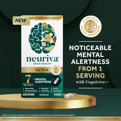 NEURIVA Ultra Brain Supplements for Memory and Focus, Phosphatidylserine, Cognivive, Neurofactor, Folic Acid, Vitamin B12 & Vitamin B6, 60 Count Capsules (Pack of 12)