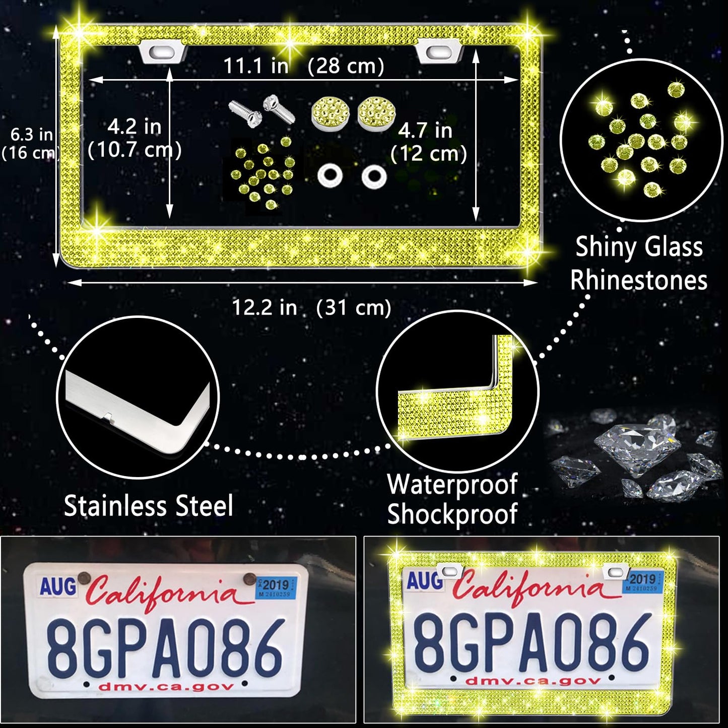 NBTEPEM 27-Piece Bling Car Accessories Set - Universal Fit Steering Wheel Covers, License Plate Frames, Phone Holder, Car Fast Charger, Coasters (Pink)