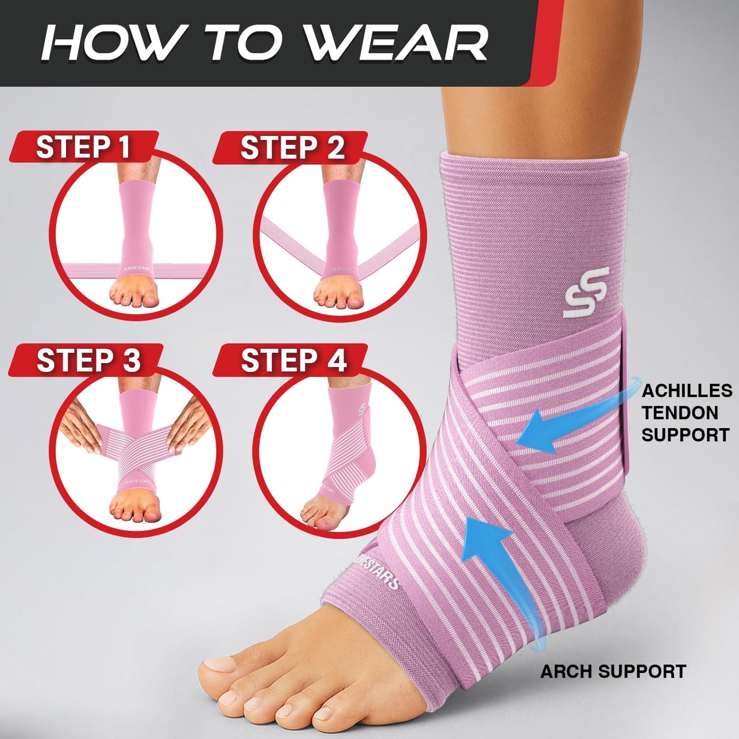 Sleeve Stars Knöchelbandage für Damen & Herren, Knöchelwickel für Verstauchungen, Kompressionsmanschette zur Linderung von Plantarfasziitis, Leicht anpassbare Unterstützung: mit abnehmbarem Gurt (Einzeln/M:25-30cm/Schwarz)