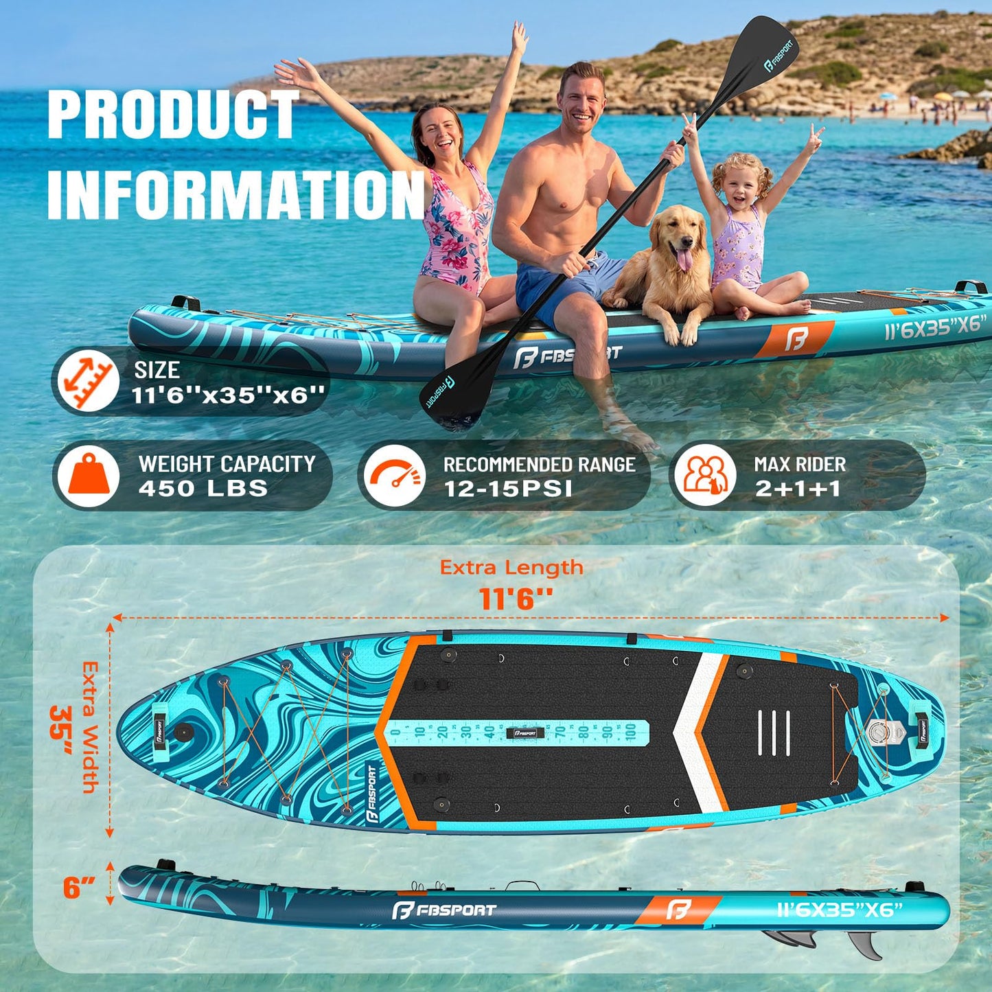 FBSPORT 11' Premium Stand Up Paddle Board, Yoga Board with SUP Accessories & Carry Bag | Wide Stance, Surf Control, Non-Slip Deck, Leash, Paddle and Pump for Youth & Adult