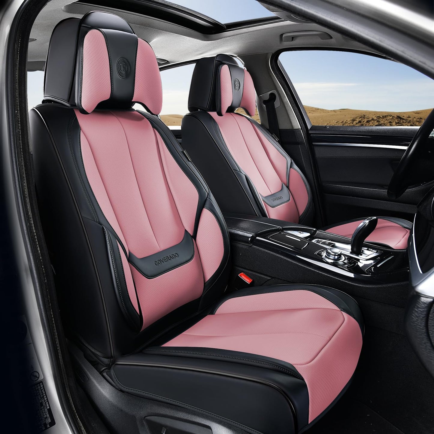Coverado Car Seat Covers 5 Pieces, Full Set Universal Seat Covers for Cars, Waterproof Nappa Leather Auto Seat Protectors with Head Pillow, Car Interiors Fit for Most Sedans SUV Pick-up Truck, Black