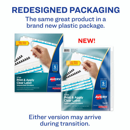 Avery 8 Tab Unpunched Dividers for Use with Any Binding System, Easy Print & Apply Clear Label Strip, Index Maker Customizable White Tabs, 150 Sets Total (6 Packs of 11444)