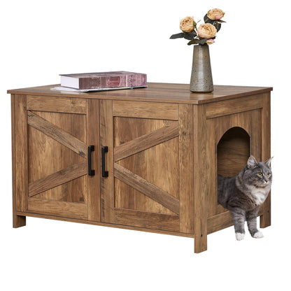 Homhedy Cat Litter Box Enclosure, Wooden Cat Washroom Furniture with Barn Door, Pet House, Fit Most of Litter Box, White