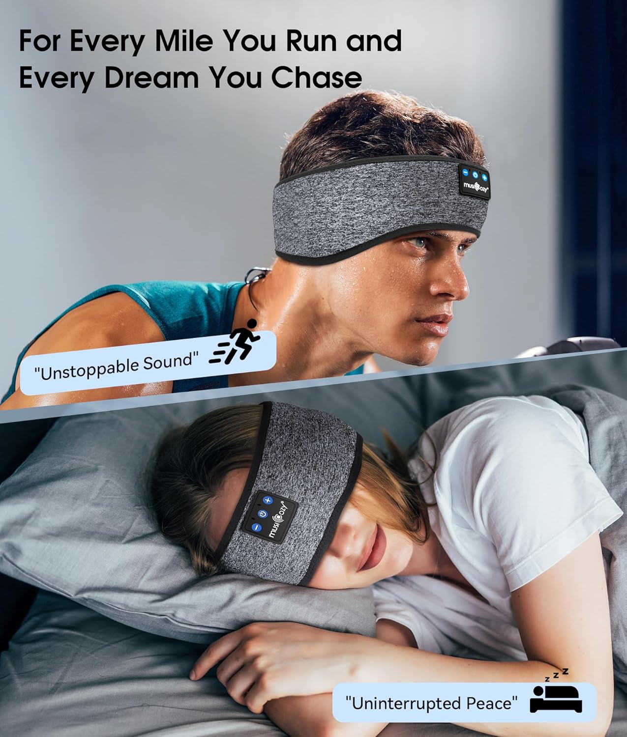 MUSICOZY Bluetooth 5.4 Schlaf-Kopfhörer-Stirnband, kabellose Schlaf-Kopfhörer-Schlafmaske Ohrhörer IPX6 wasserdicht für Seitenschläfer, Training, Laufen, Schlaflosigkeit, Reisen, Yoga, coole Tech-Gadgets, einzigartiges Geschenk
