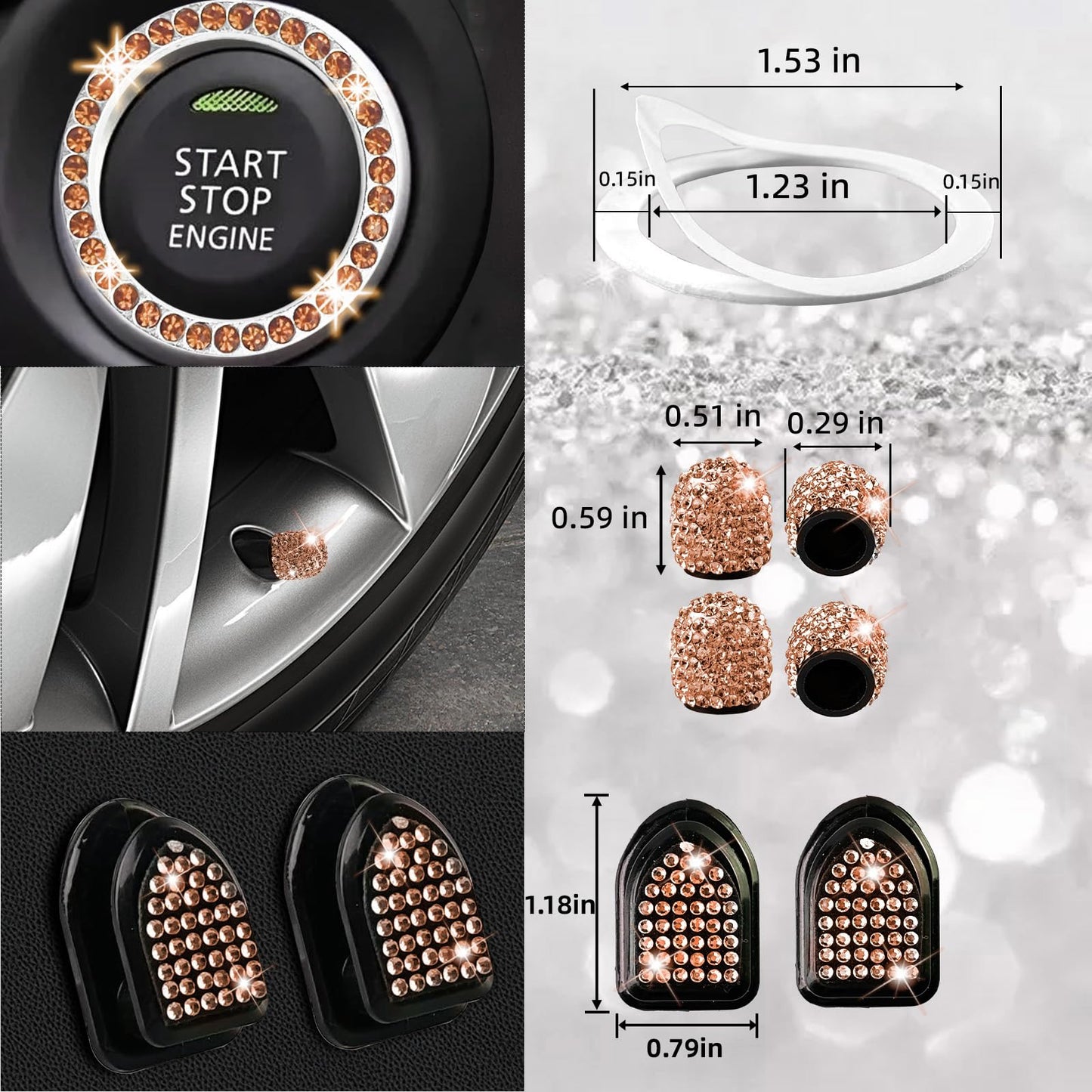 NBTEPEM 27-Piece Bling Car Accessories Set - Universal Fit Steering Wheel Covers, License Plate Frames, Phone Holder, Car Fast Charger, Coasters (Pink)
