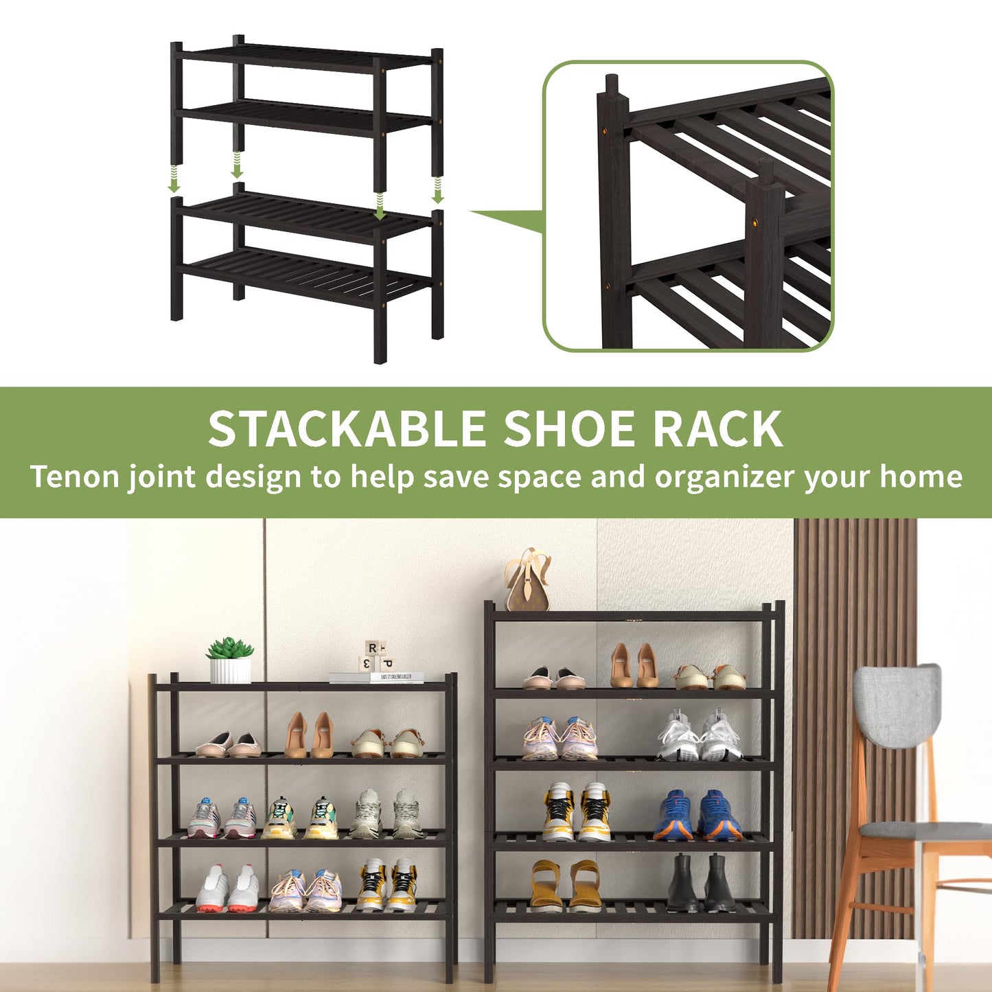 ROMGUAR CRAFT 3 Tier Bamboo Shoe Rack for Closet Free Standing Wood Shoe Shelf Storage Organizer for Entryway Small Space Stackable 27"x11"x20" (Natural)