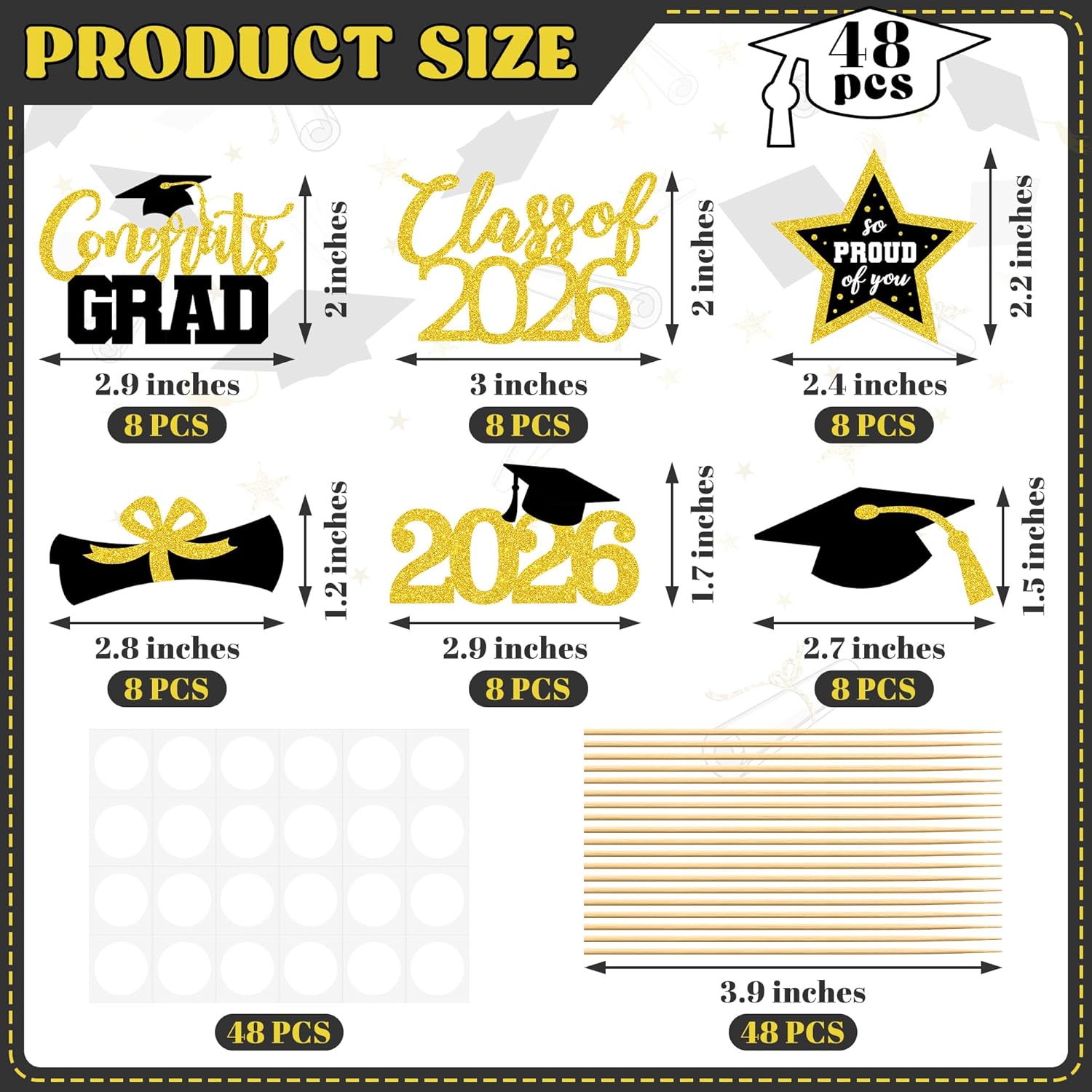 48 PCS Graduation Cupcake Toppers, 6 Styles Congrats Grad Cake Topper, Black and Gold Graduation Decorations 2026, Glittery Cap and Diploma Cake Picks for Grad Party Decor Supplies