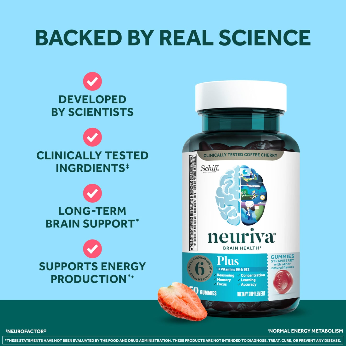 NEURIVA Plus Brain Supplements for Memory and Focus, Clinically Tested Nootropics Neurofactor and Phosphatidylserine with Vitamin B12, Vitamin B6, 50 Count Strawberry Gummies (Pack of 12)