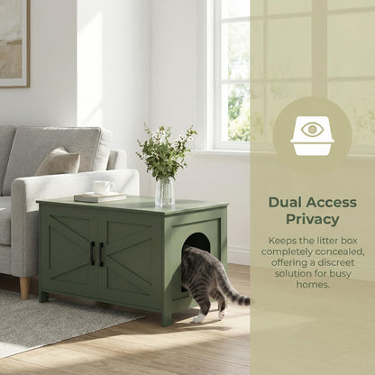 Homhedy Cat Litter Box Enclosure, Wooden Cat Washroom Furniture with Barn Door, Pet House, Fit Most of Litter Box, White