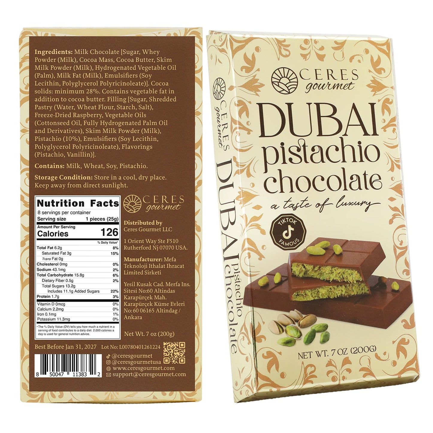 Barra de chocolate crujiente con Knafeh, pistacho, de Dubái, 7 oz | Famosa barra de chocolate con Kunafa de Dubái | Kunafe crujiente con pasta de pistacho | Regalo de postre gourmet