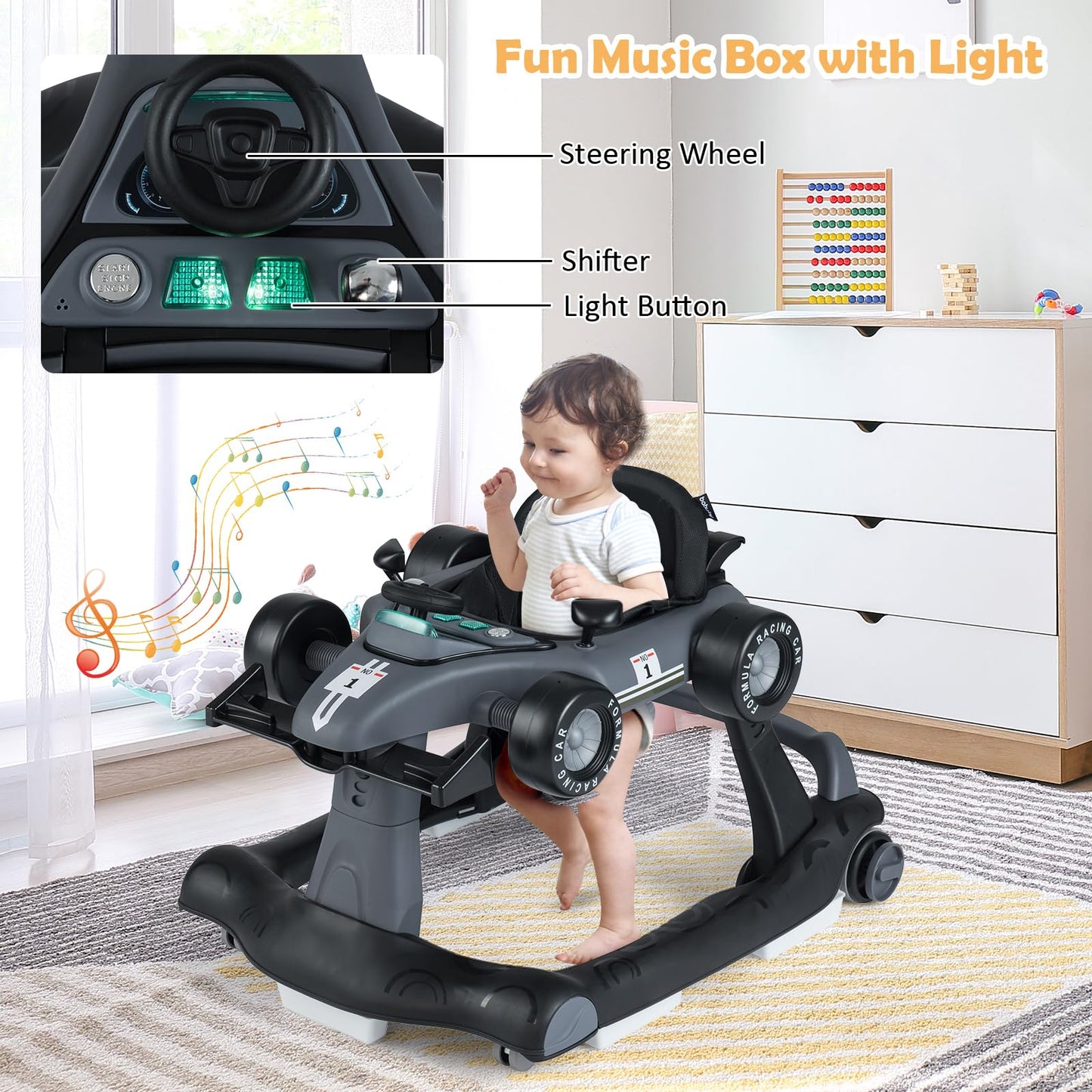 HONEY JOY 4-in-1 Baby Walker, Activity Push Walker w/3 Adjustable Heights, Smooth Wheels w/Adjustable Speed, Padded Seat, Music & Light, Foldable Car Walker for Baby Boys Girls Age 6 Months+ (Blue)