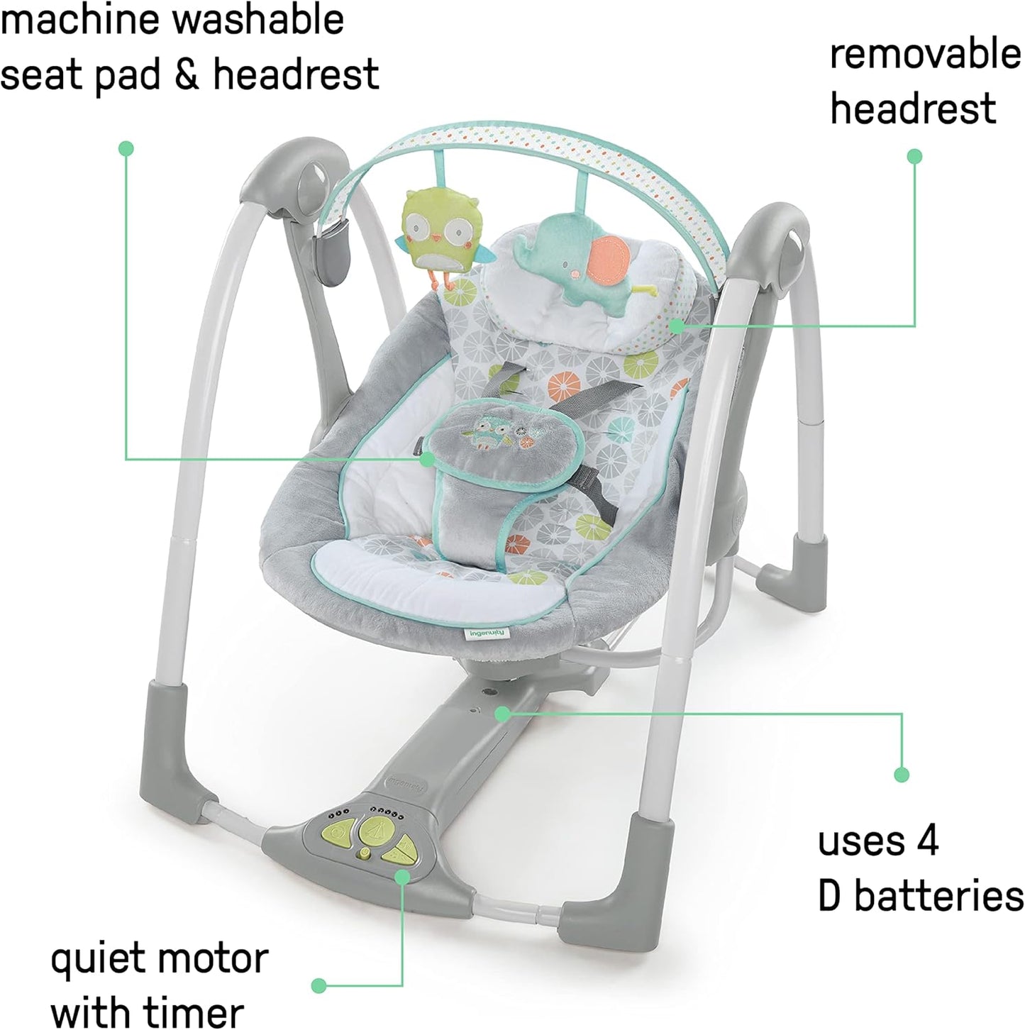 Ingenuity ConvertMe 2-in-1 Kompakte tragbare automatische Babyschaukel & Babysitz, batteriebetriebene Vibrationen, Naturgeräusche, 0-9 Monate 2,7-9 kg (Raylan)