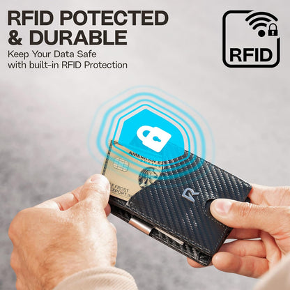 Schlankes RFID-Portemonnaie für Herren – Minimalistisches Portemonnaie für Männer mit Geldklammer, fasst 12 Karten – Langlebiges Leder-Carbonfaser-Herrenportemonnaie – Perfektes Geschenk für Männer (Geldklammer, schwarzes Carbon)