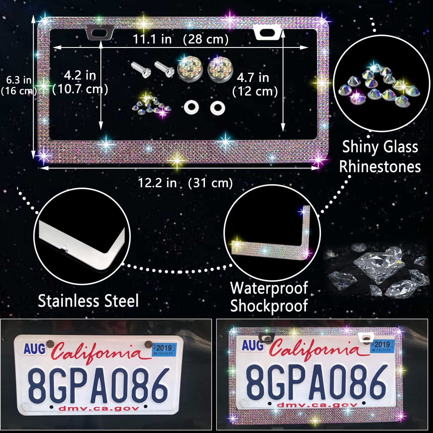 NBTEPEM 27-Piece Bling Car Accessories Set - Universal Fit Steering Wheel Covers, License Plate Frames, Phone Holder, Car Fast Charger, Coasters (Pink)