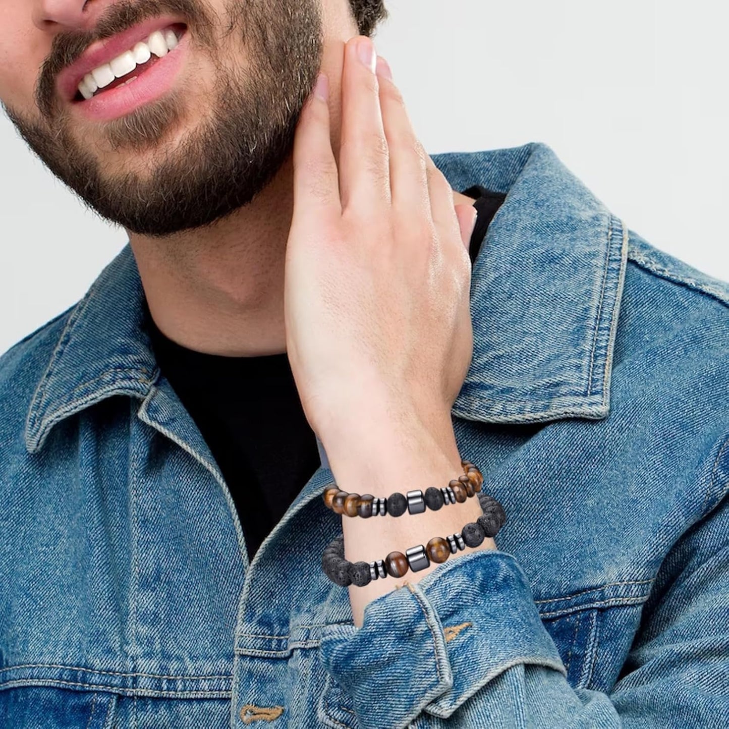 Tigerauge Armband für Herren 8MM Natursteinperlen Armband Set Stretch Lava Stein Armbänder Verstellbares Schwarzes Kristallperlenarmband für Herren Damen Geschenke