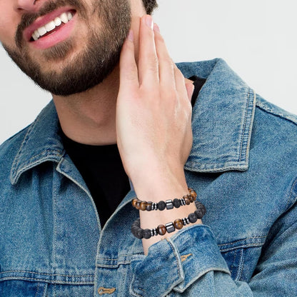 Tigerauge Armband für Herren 8MM Natursteinperlen Armband Set Stretch Lava Stein Armbänder Verstellbares Schwarzes Kristallperlenarmband für Herren Damen Geschenke