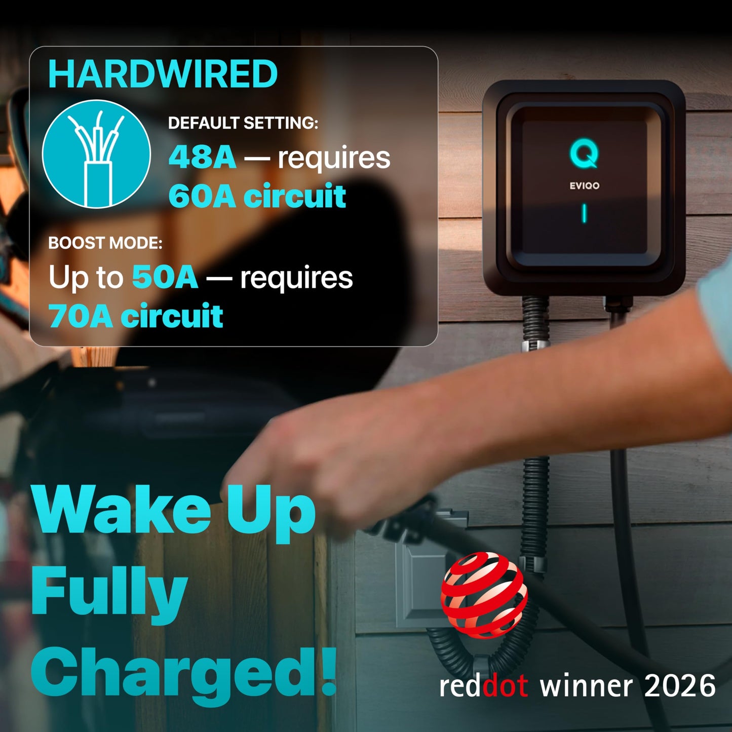 EVIQO Level 2 EV Charger, 40 Amp 240V, J1772 for Non-Tesla EVs, 25ft Cable, WiFi (2.4GHz) Smart App, Weatherproof Indoor/Outdoor (IP66, NEMA 4), UL & ETL Certified, NEMA 14-50 Plug-in, 9.6kW