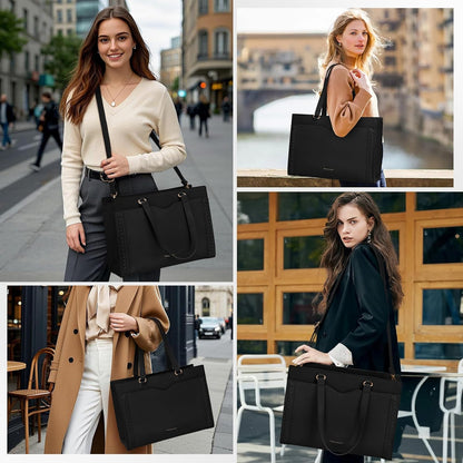 RAINSMORE Laptop Bag for Women 15.6 Inch Work Tote Bag with Detachable Strap & Bow Leather Laptop Tote with Cup Holder