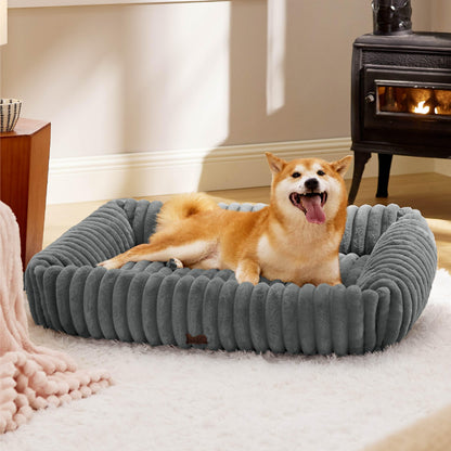 Bedsure ComfyFleece™ Cute Dog Bed for Small Medium Dogs - Washable Furry Puppy Beds, Rectangle Orthopedic Corduroy Fleece Pet Beds with Removable Zipper Cover, 25x21x7inches, Cream