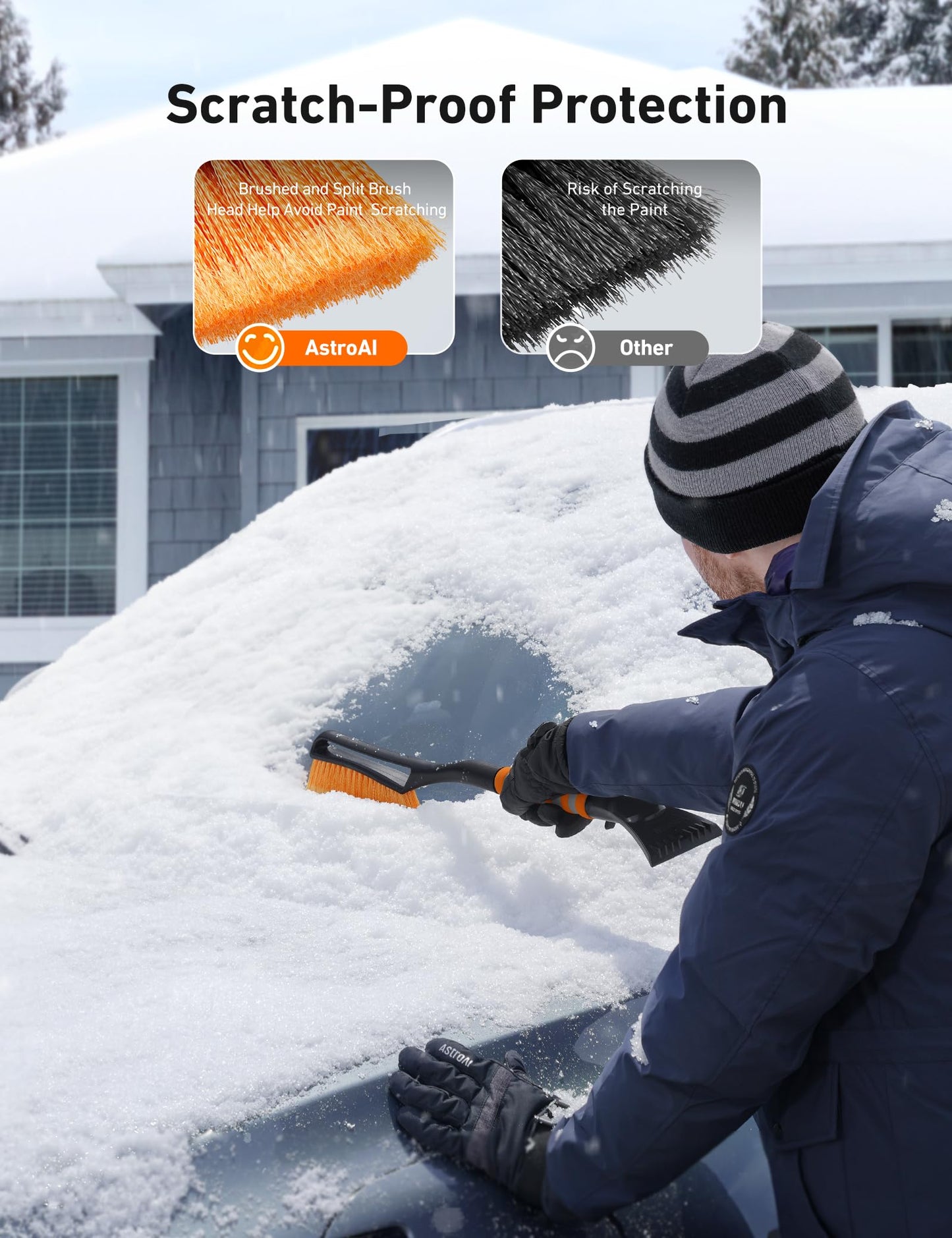 AstroAI 27" Snow Brush and Detachable Ice Scraper with Ergonomic Foam Grip for Cars, Trucks, SUVs (Heavy Duty ABS, PVC Brush, Orange)