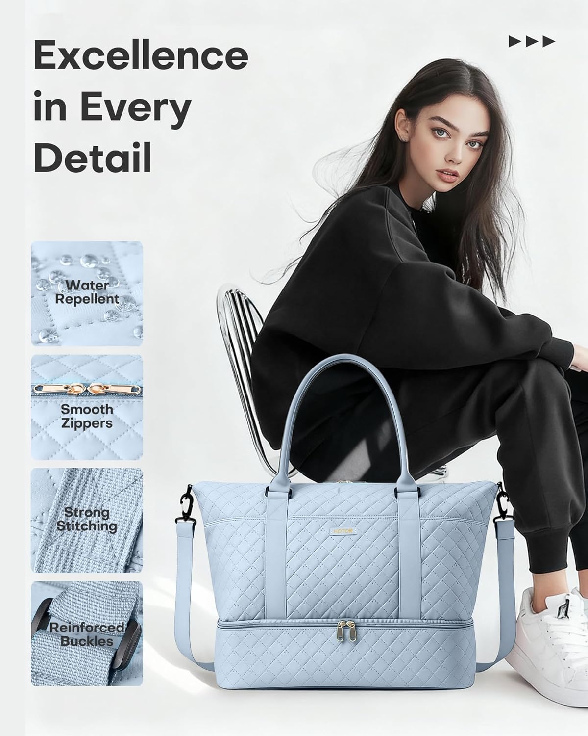 HOTOR Reisetasche - Große Weekender-Tasche für Frauen, Handgepäck mit Schuhfach, Übernachtungstasche mit Kulturtasche für Reiseutensilien und Reisezubehör, Schwarz, 34,0 x 45,0 x 20,0 cm