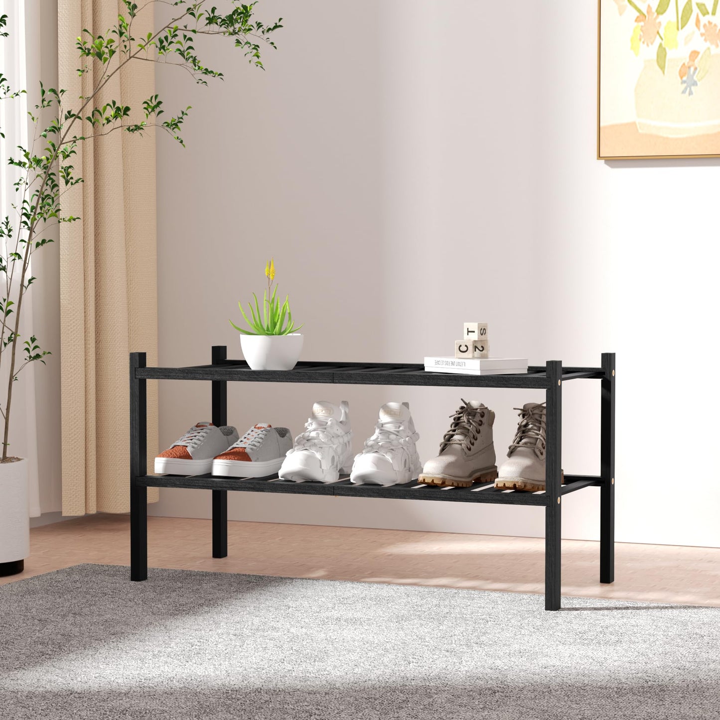 ROMGUAR CRAFT 3 Tier Bamboo Shoe Rack for Closet Free Standing Wood Shoe Shelf Storage Organizer for Entryway Small Space Stackable 27"x11"x20" (Natural)