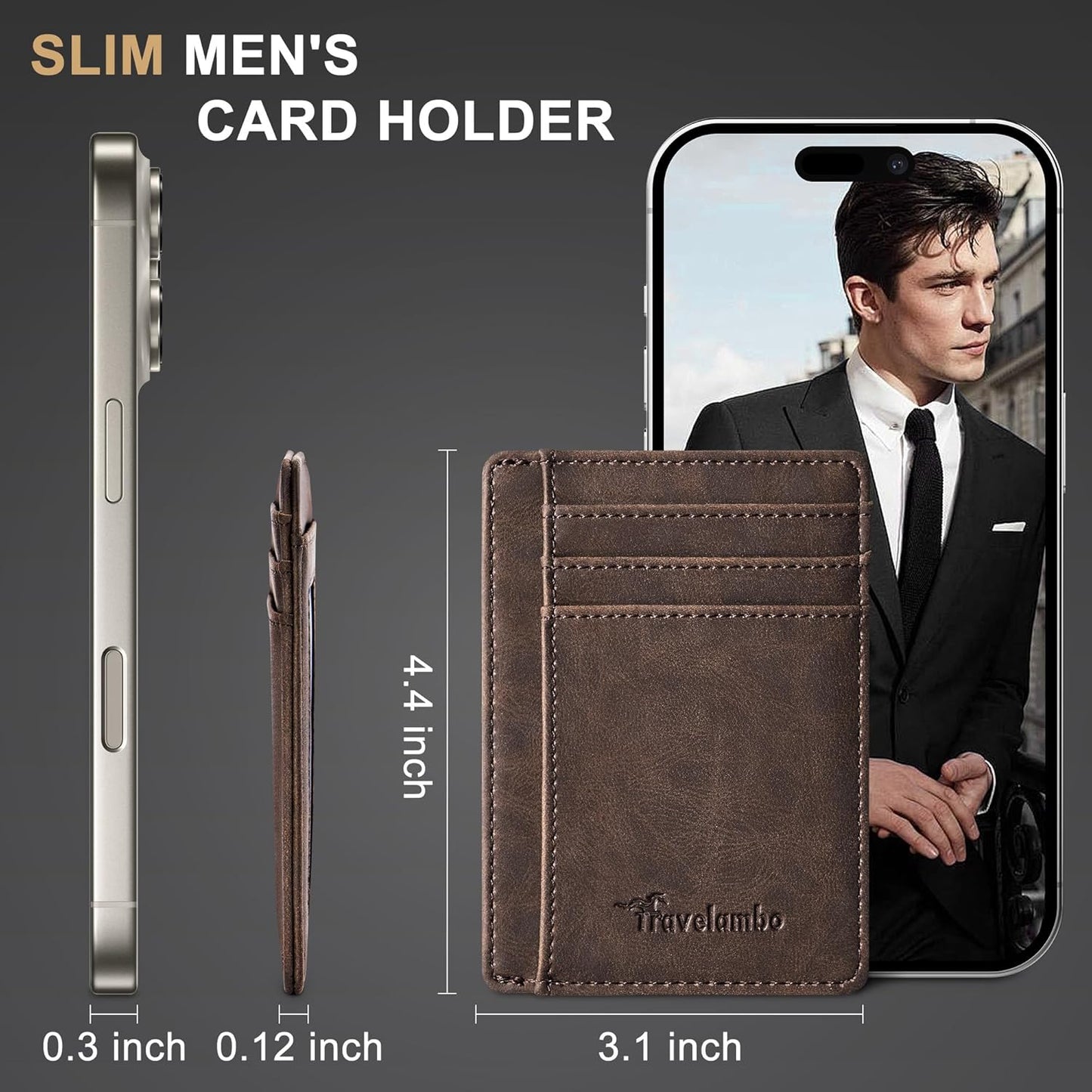 Travelambo Slim Wallet, Fronttasche, minimalistisch, Leder, RFID-blockierend, mittelgroß