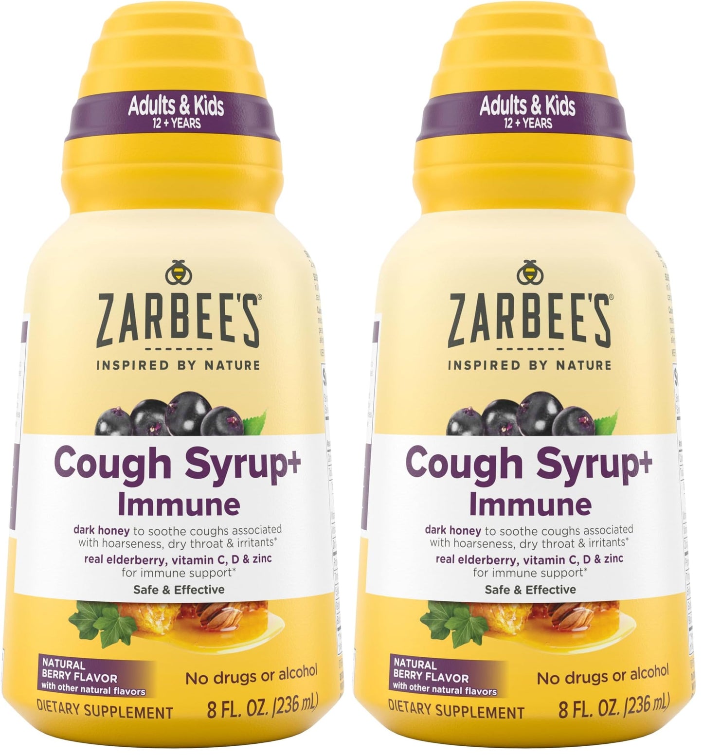 Zarbee's Honey Cough Syrup + Immune for Adults & Children 12+, Cough Syrup with Dark Honey, Real Elderberry, Vitamin C, D & Zinc for Immune Support*, Drug-& Alcohol-Free, Berry, 8 fl. oz (Pack of 2)