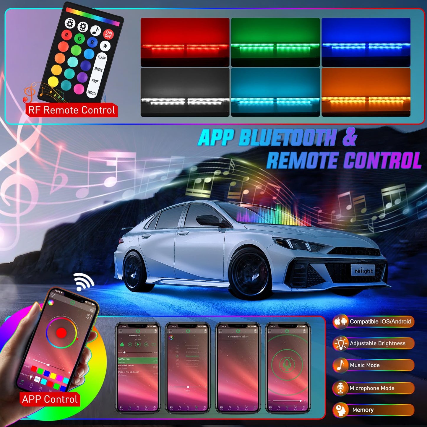 Nilight 4Pcs Car Underglow Neon Accent Strip Lights 252 LEDs RGB 8 Color Sound Active Function Music Mode with Wireless Remote Control Underbody Light Strips for Cars Van SUV Truck