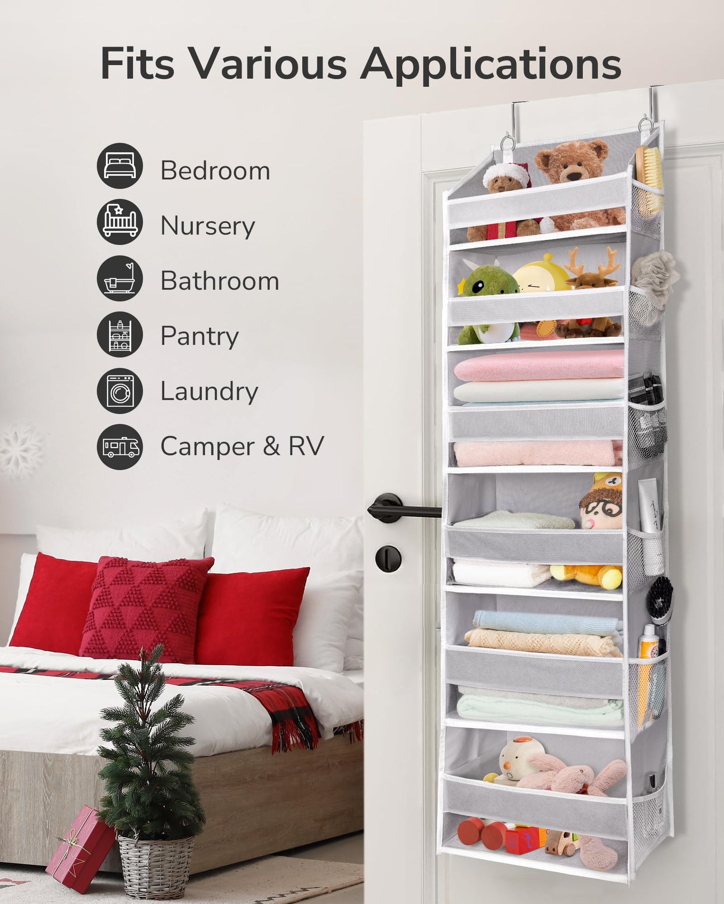 ULG Over The Door Organizer with 6 Large Pockets 12 Side Pockets, 50lbs Weight Capacity Door Hanging Organizer for Bedroom, Bathroom, Pantry, Nursery Storage, Beige