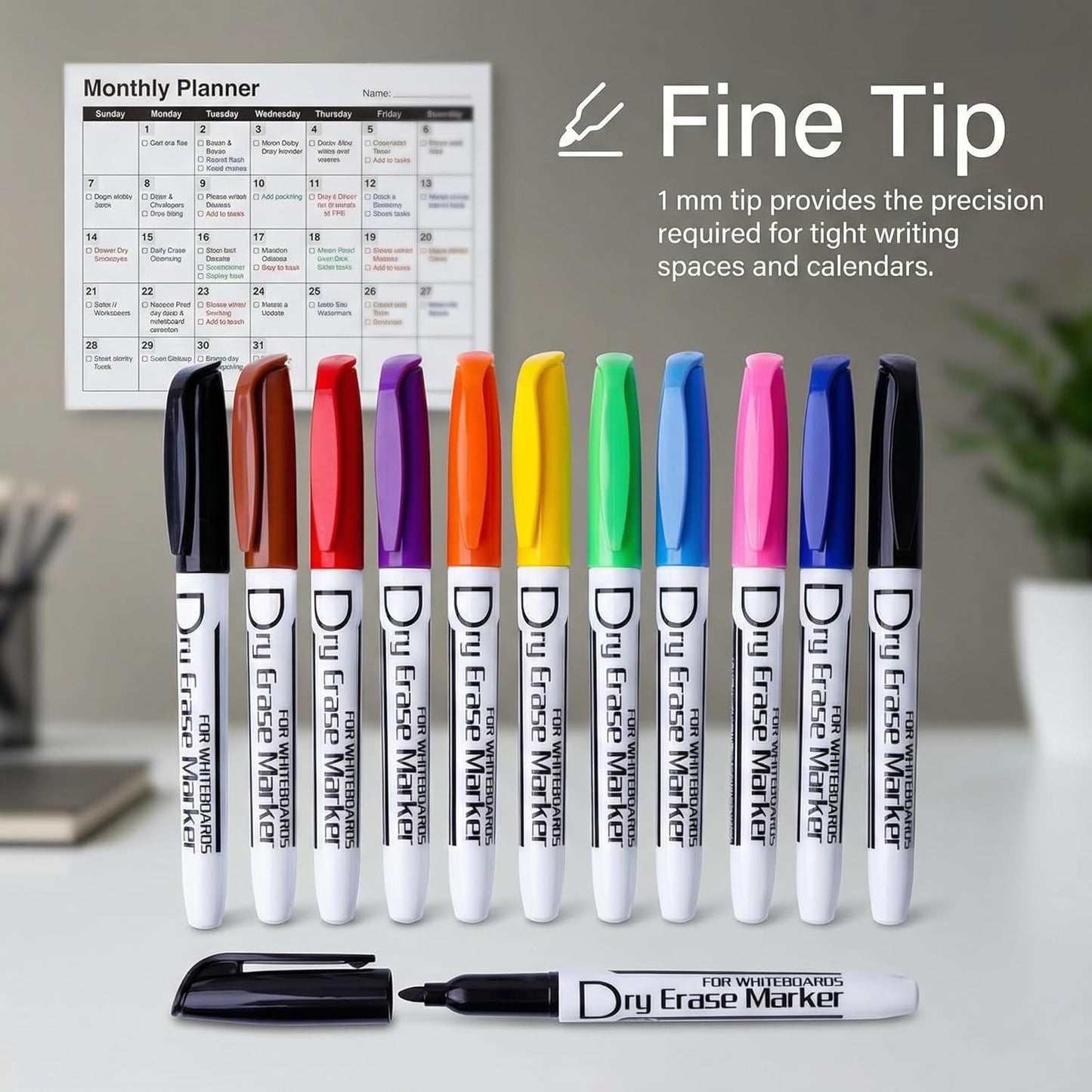 Dry Erase Markers Low Odor Fine Whiteboard Markers Thin Box of 12，10 Colors