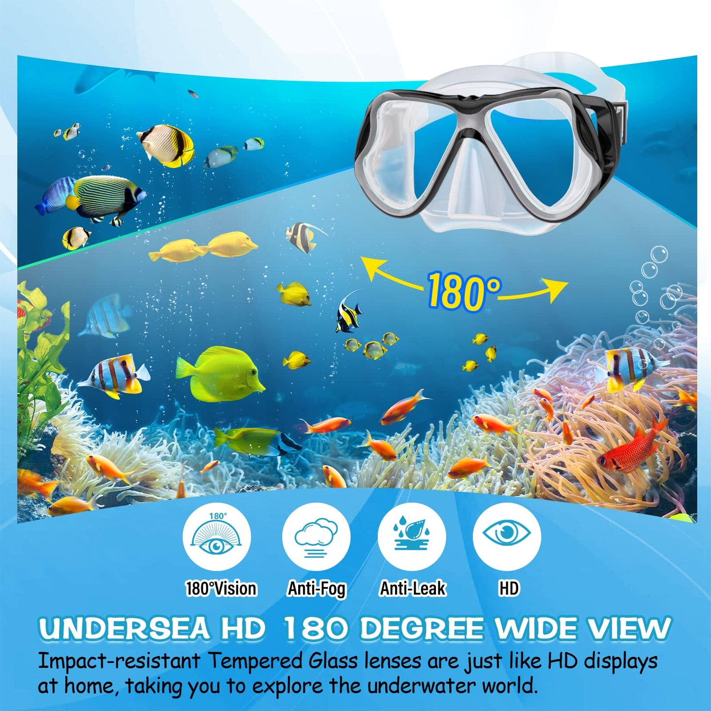 Greatever Dry Snorkel Set,Panoramic Wide View Anti-Fog Scuba Diving Mask,Professional Snorkeling Gear for Adults Kids