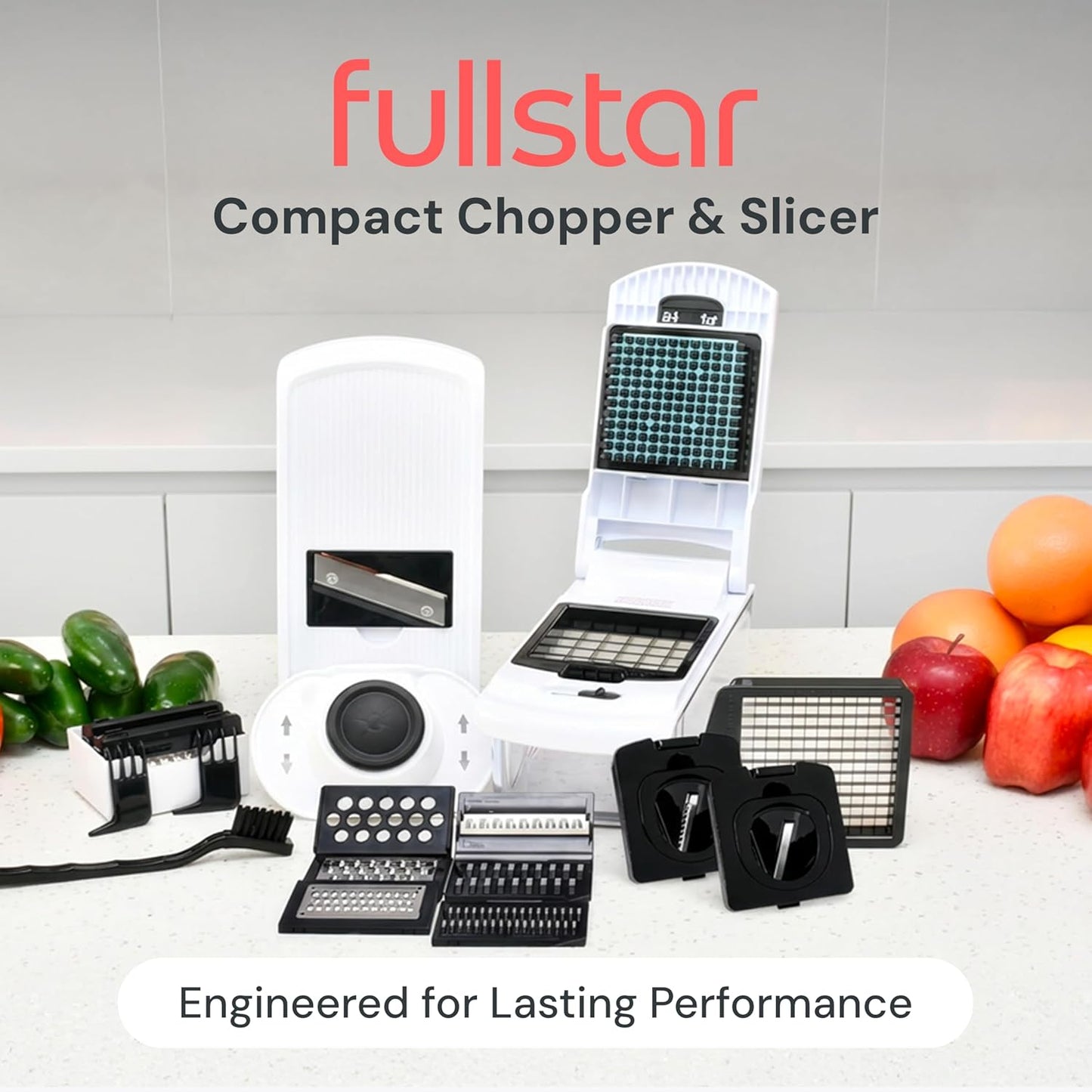 Fullstar Gemüsehacker und Mandolinenschneider - Julienne-Schneider, Würfelschneider, Reibe für Lebensmittel, Gemüse, Zwiebeln, Gurken, Tomaten, Salat, Kartoffeln, Käse - Küchenutensilien & Gadgets (Kompakt 6-in-1, Weiß)