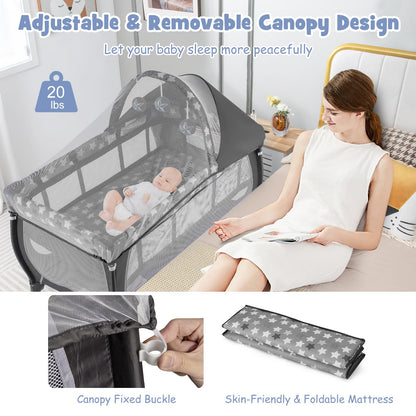 BABY JOY 4 in 1 Pack and Play with Canopy, Portable Baby Playard with Bassinet, Double-Layer Baby Crib, Wheels & Brake, Foldable Baby Girl Pink Bassinet from Newborn to Toddler