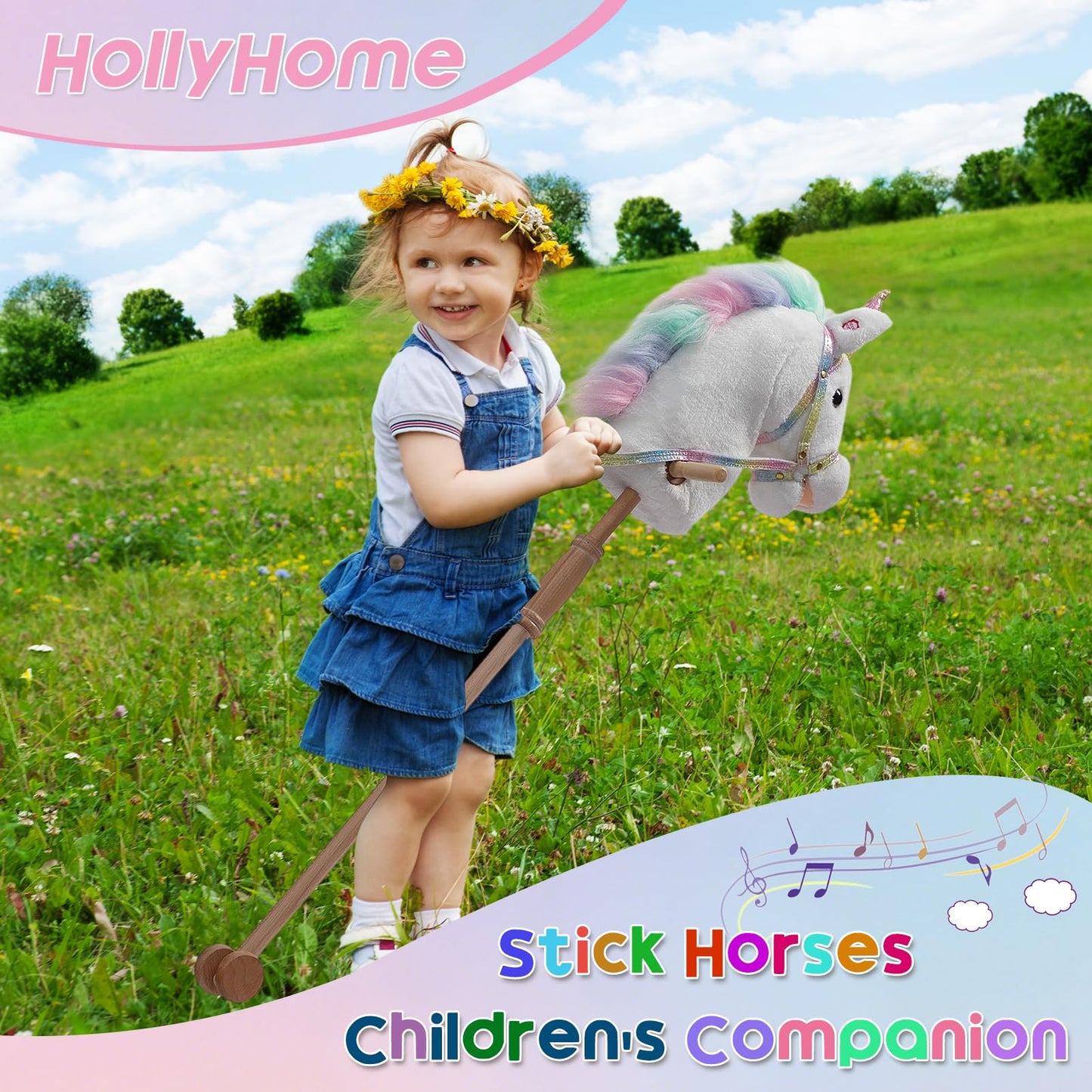 HollyHOME Plüsch Einhorn Steckenpferd mit Holzrädern Echten Pony Wiehern und Galoppieren Geräuschen Plüschtier Rosa 94 cm (AA Batterien Benötigt)