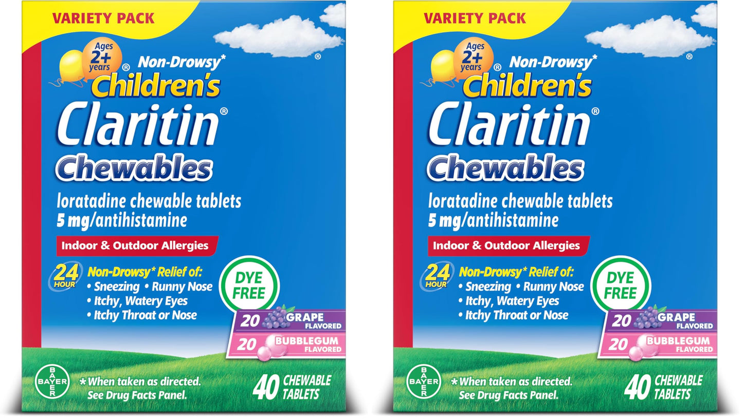 Claritin Children's Allergy Medicine, 24-Hour Non-Drowsy Loratadine 5mg Chewable Tablet, Antihistamine for Kids Ages 2 Years and Older, Grape & Bubble Gum Flavors, 40 Tablets, (Pack of 2)