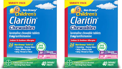 Claritin Children's Allergy Medicine, 24-Hour Non-Drowsy Loratadine 5mg Chewable Tablet, Antihistamine for Kids Ages 2 Years and Older, Grape & Bubble Gum Flavors, 40 Tablets, (Pack of 2)